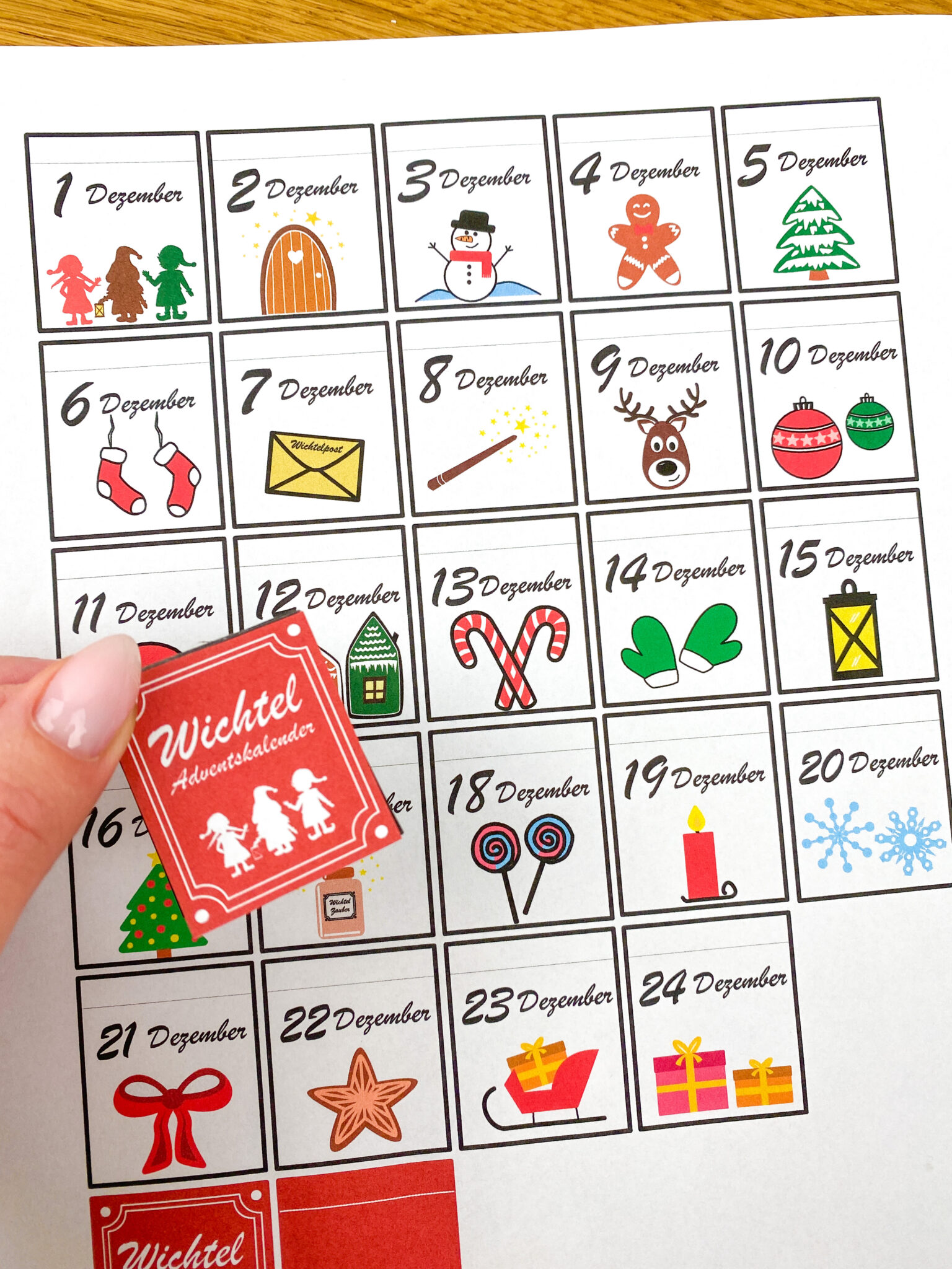 Wichtel Mini-Adventskalender - Druckvorlage in Bunt und S/W