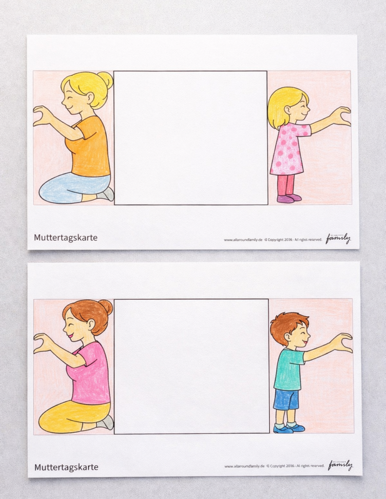 Muttertagskarten zum Falten mit Mama und Kinder und Herzhand - Kostenlose Bastelvorlagen