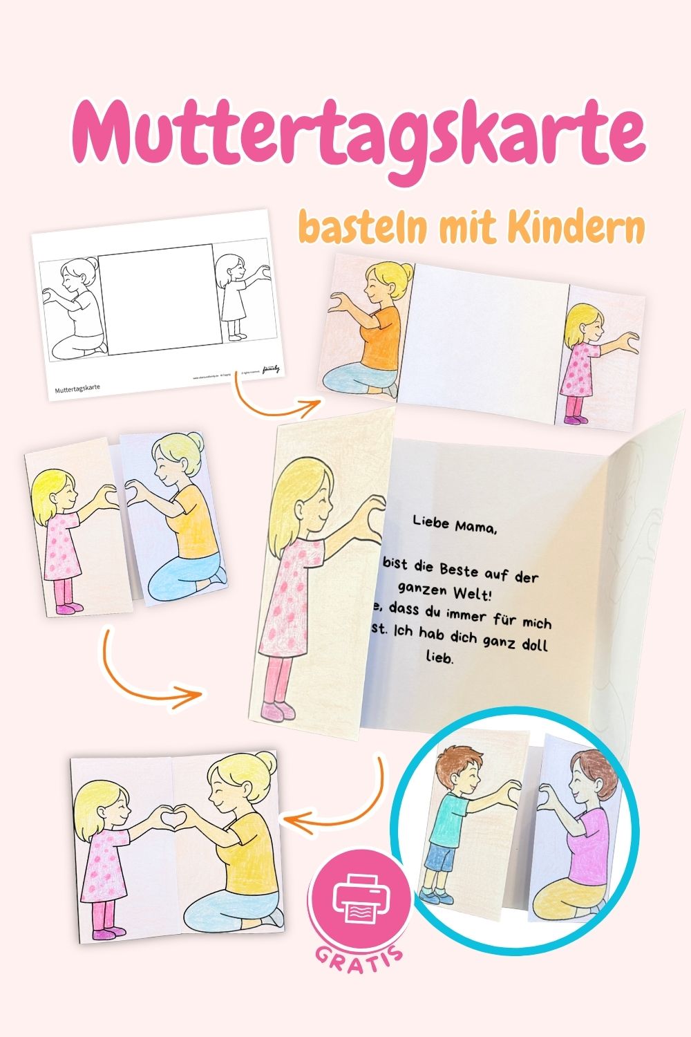 Muttertagskarten zum Falten - kostenlose Bastelvorlagen für Kinder