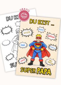 Vatertag Bastelidee für Kinder zum kostenlos Ausdrucken: Superheld mit Sprechblasen